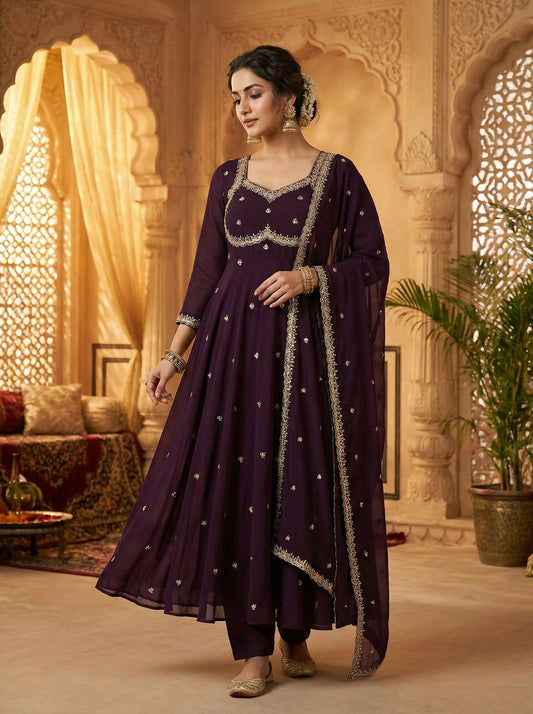 Teeya Creation Womens New Fancy Fox Georgette Heavy Quality Fabric With Handwork Brown Gown Set