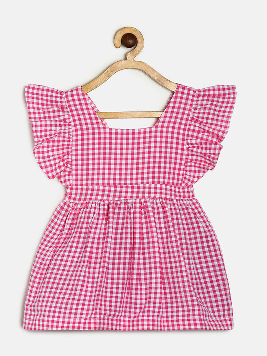 Manet Girls Cotton V Neck Frill Frock Checked Printed - Pink