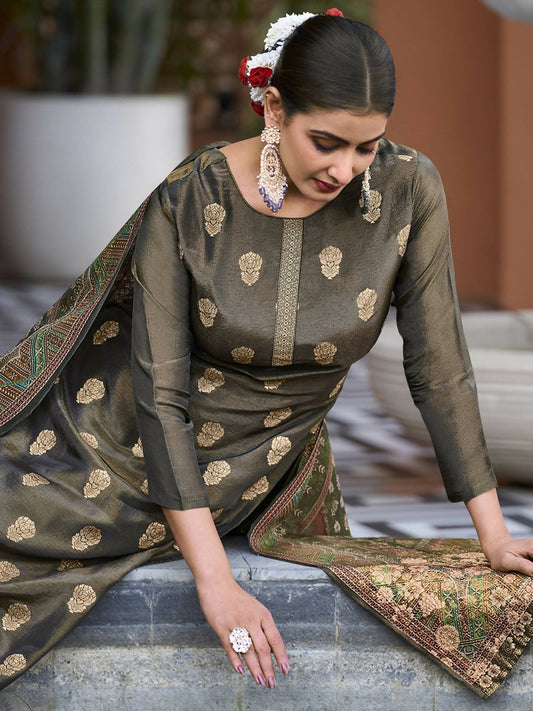 Aastha Fashion Women's Green Pure Silk Elegant Jacquard Woven Kurta with Trouser & Dupatta - Grab2buy