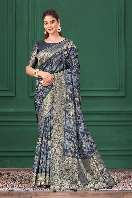 Blue Tussar Silk Jacquard Abstract Digital Print Saree with Unstitched Blouse - Mohira