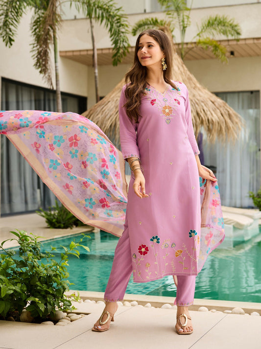 The52 Lavender Women's Gorgeous Embroidered work Viscose Gadhwal Fabric Straight Kurta, Pant and Dupatta Set | Grab2Buy