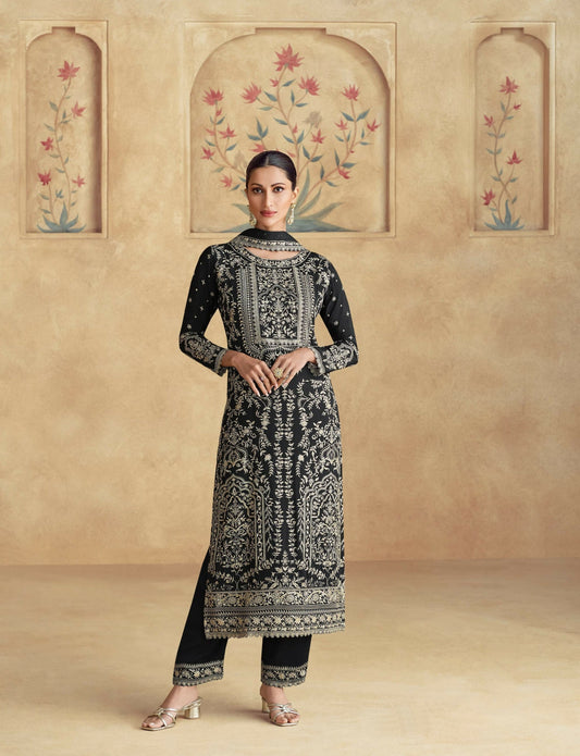 Anaita Black Premium Chinon Embroidered Sequin Work Ready Made Suit