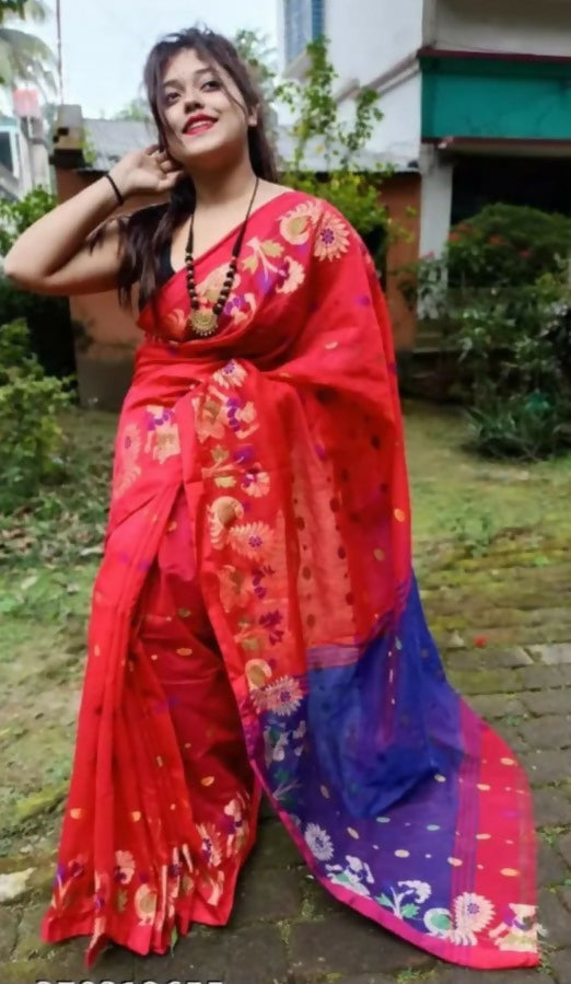Exclusive Collection Red Beautiful Handloom Silk Cotton Grab2Buy