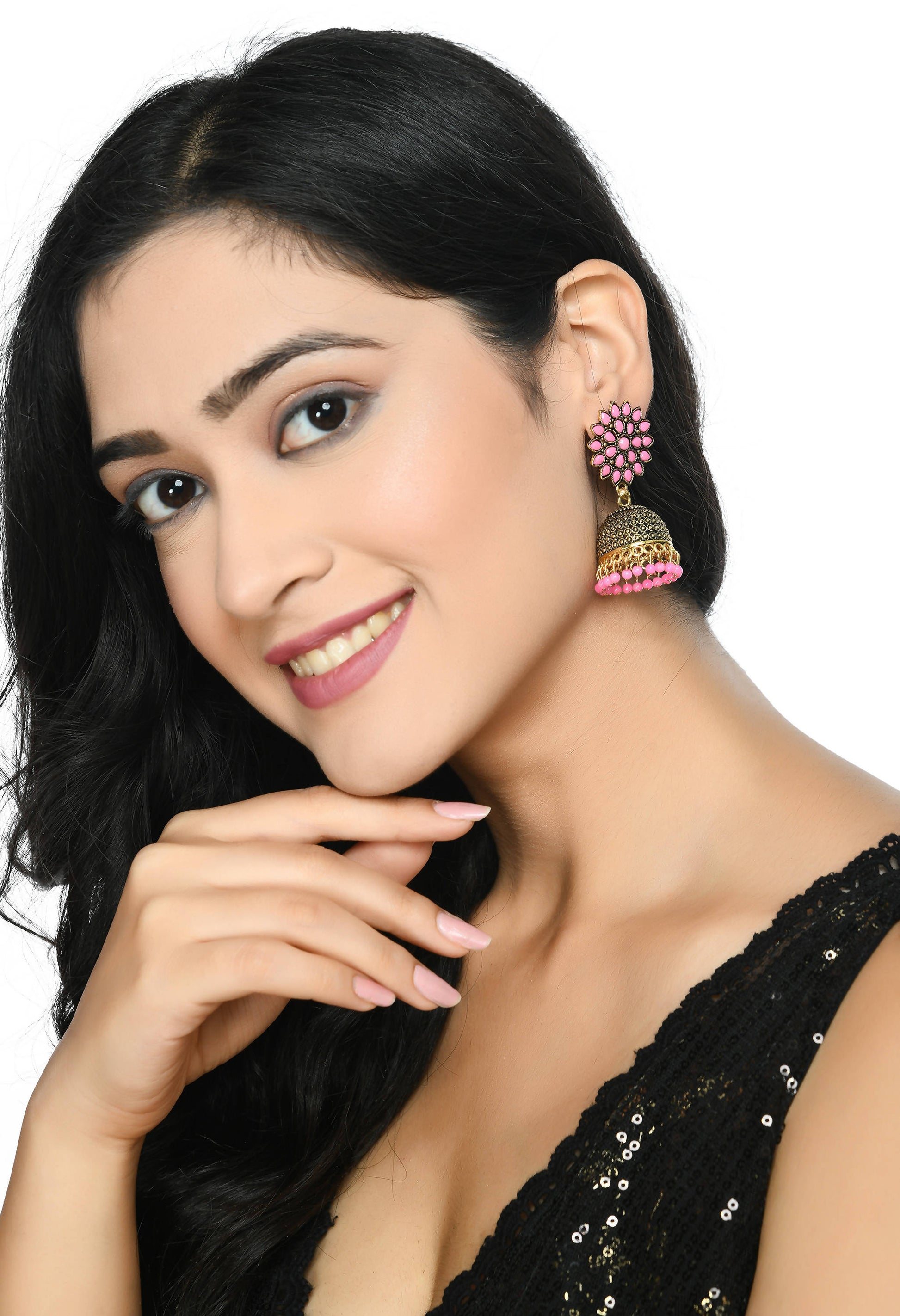 Mominos Fashion Johar Kamal Beautiful Kundan Work Jhumka With Baby Pink Beads - Grab2buy