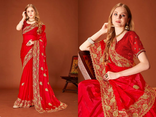 PR Fashion Red Fendi Two Tone Silk Heavy Zari Embroidery Work With Zircon Work Saree