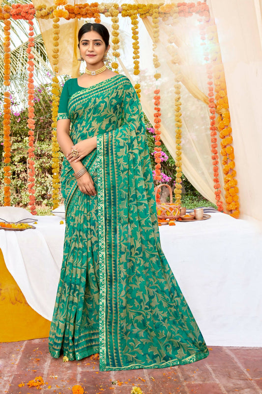 Sea Green Georgette Foil Printed Saree with Unstitched Blouse piece - Avika