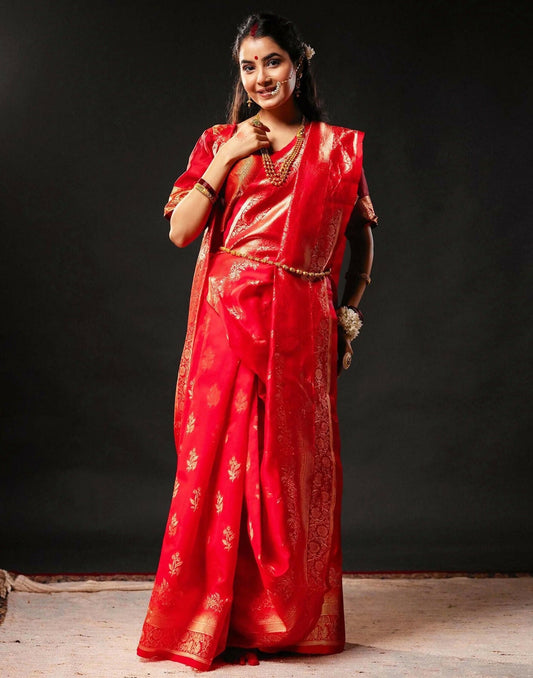 Joban Fashion Silk Banarasi Red & Golden Color Saree | Swadesiicart
