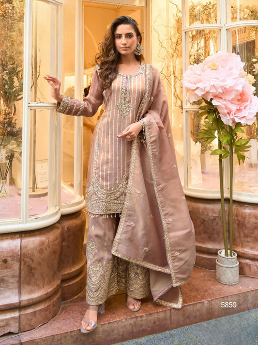 Anaita Brown Viscose Silk Readymade Palazzo Suit with Embroidery Work