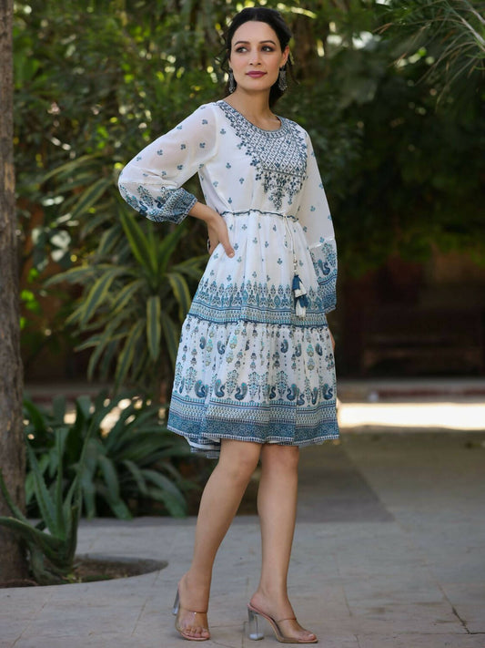 Juniper Women Off-White Georgette Printed Short Tiered Dress with Embroidered Yoke
