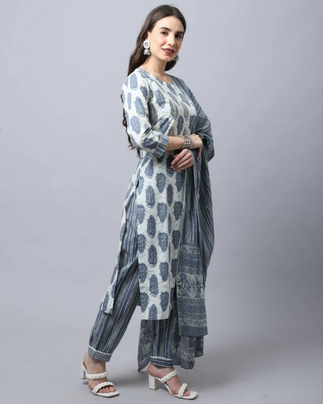 Aastha Fashion Women's Off White Cotton Jaipuri Printed Kurta with Trouser & Dupatta - Grab2buy