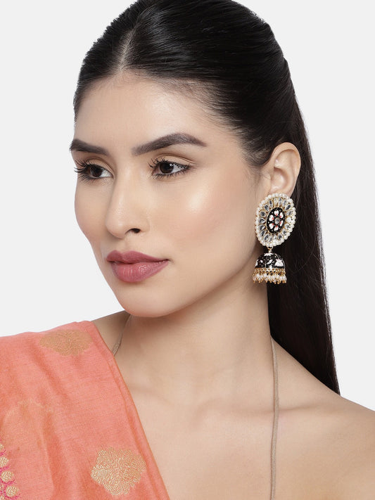 Gold-Polished Traditional Handcrafted Kundan Pearl Studded Meenakari Jhumki Earring for Women - Wahe Jewels | Grab2Buy
