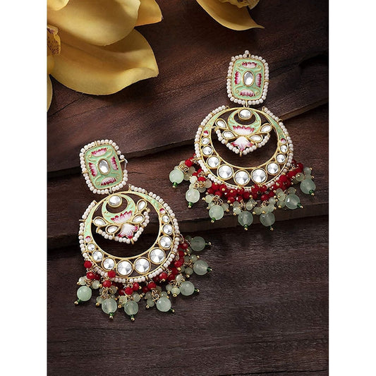 Gold-Polished Traditional Meenakari Stone Studded Pearl Dangle Earrings For Women - Wahe Jewels Noz2Toz