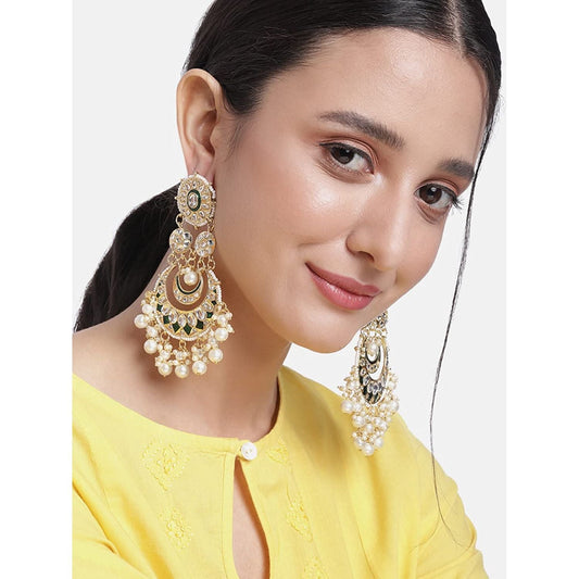 Women Gold-Polished Intricately Designed Traditional Green Meenakari Earrings Glided With Kundans & Pearls - Wahe Jewels | Grab2Buy