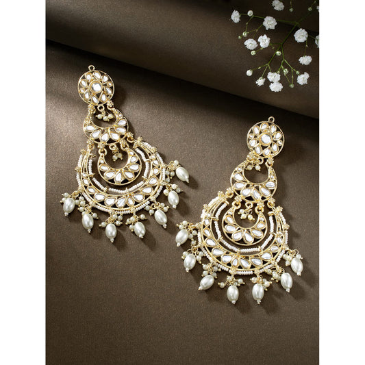 Gold-Polished Traditional White Kundan Studded Pearl Handcrafted Dangle Chandbali Earrings Ethnic Jewellery For Women And Girls - Wahe Jewels | Grab2Buy