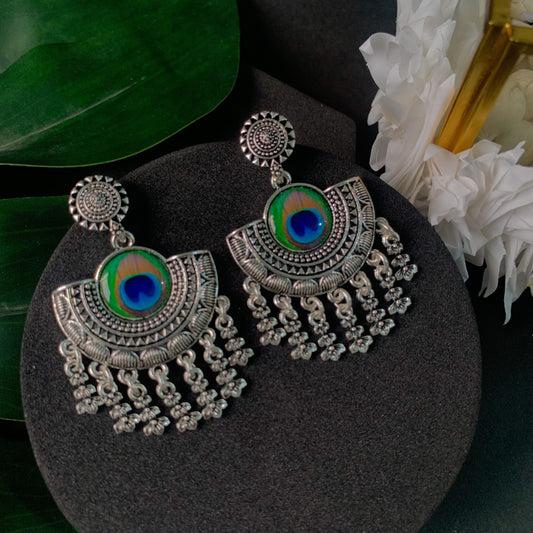 Navratri Ethnic Silver Oxidised Afghani Style Peacock Fether Earrings For Women & Girls - Wahe Jewels Noz2Toz