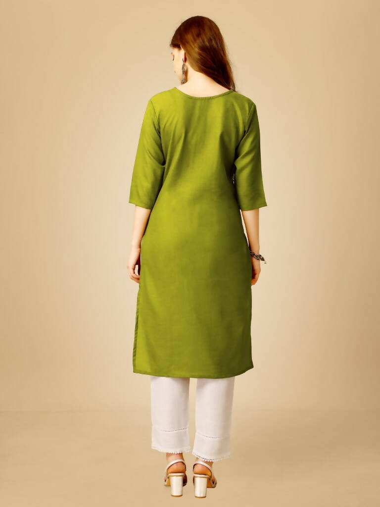 Aastha Fashion Women's Green Cotton Blend Embroidered Kurta Pant Set - Grab2buy