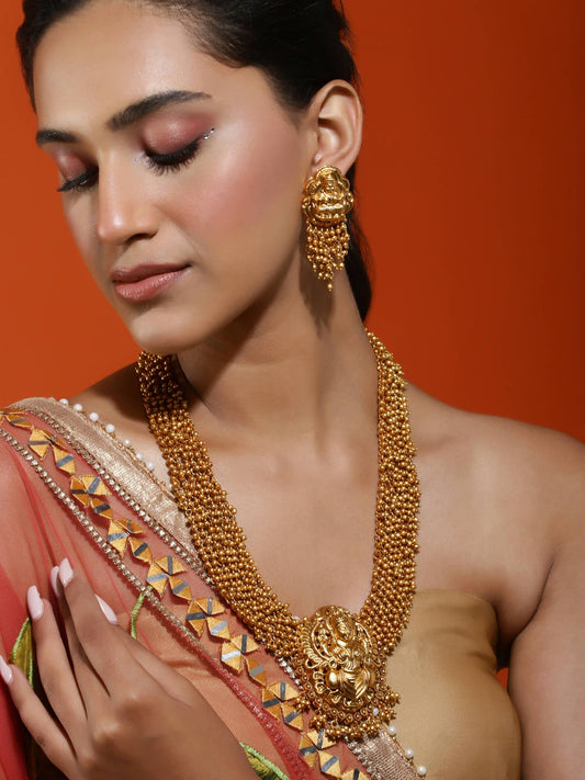 Gold-Plated Pearls Beaded Temple Jewellery Set - Ruby Raang - Grab2buy
