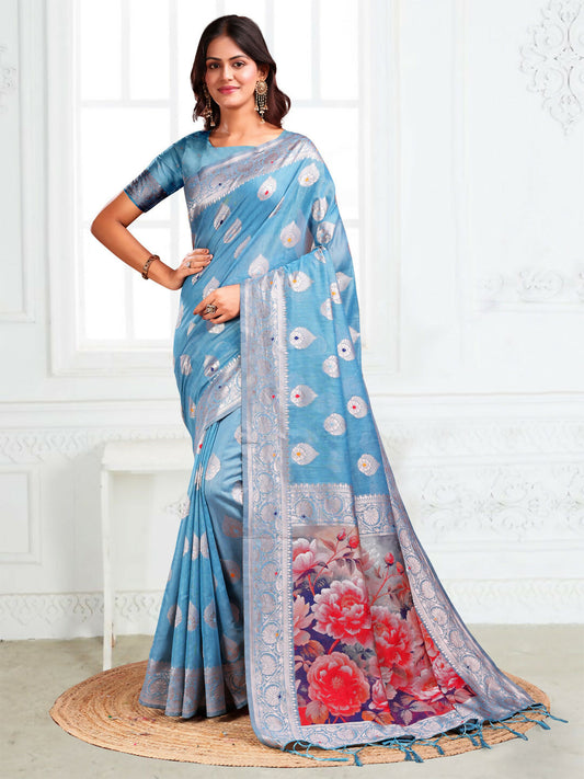 Shree Shyam Fashion Linen Cotton Sky Blue Saree