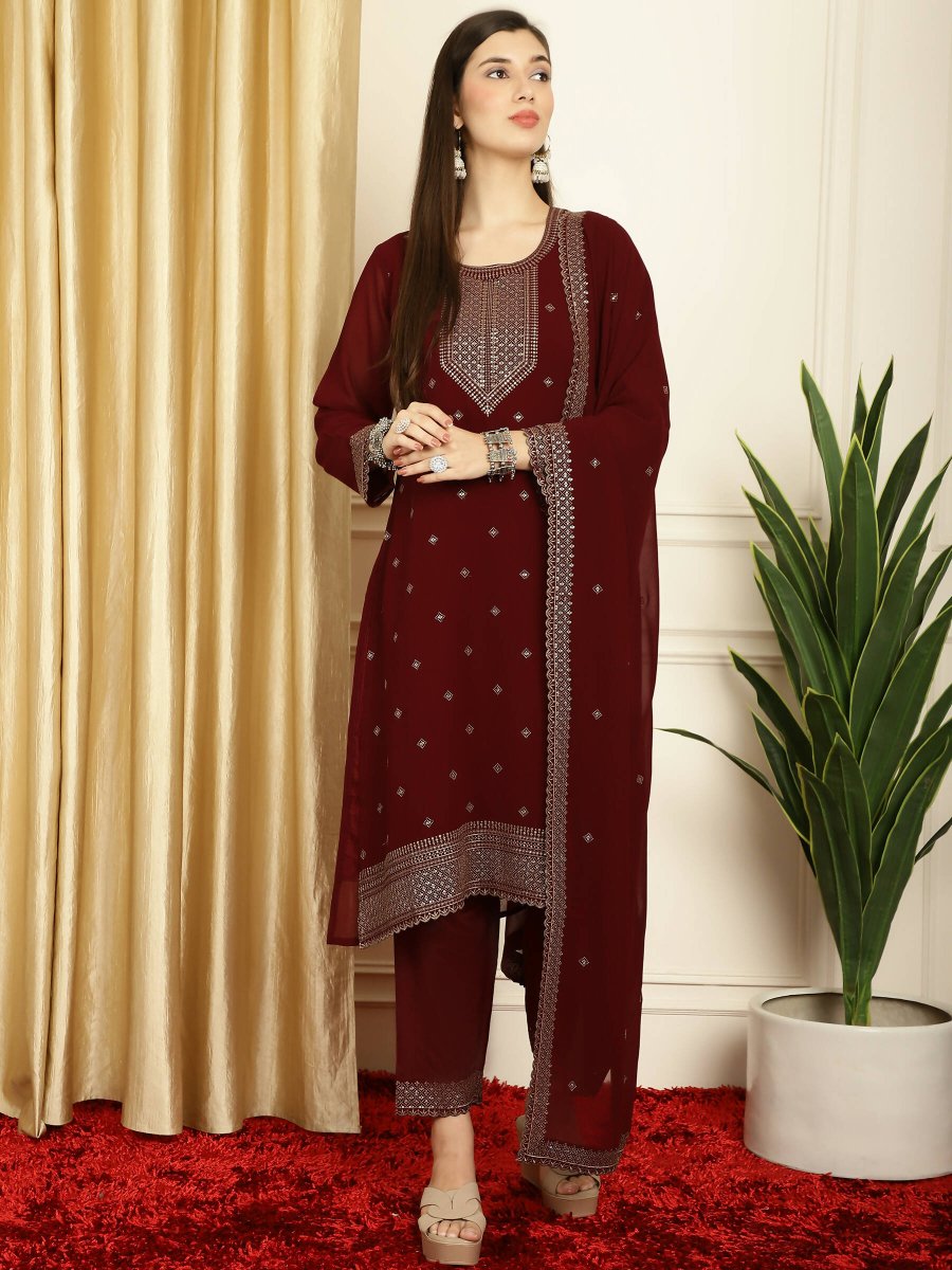 Aastha Fashion Women's Maroon Georgette Resham Thread & Sequin Kurta with Trouser & Dupatta - Grab2buy