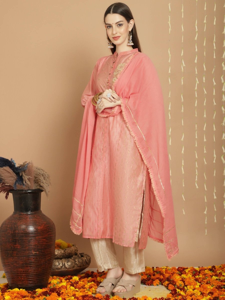 Aastha Fashion Women's Peach Chanderi Silk Elegant Jardoshi Semi Kurta with Trouser & Dupatta - Grab2buy
