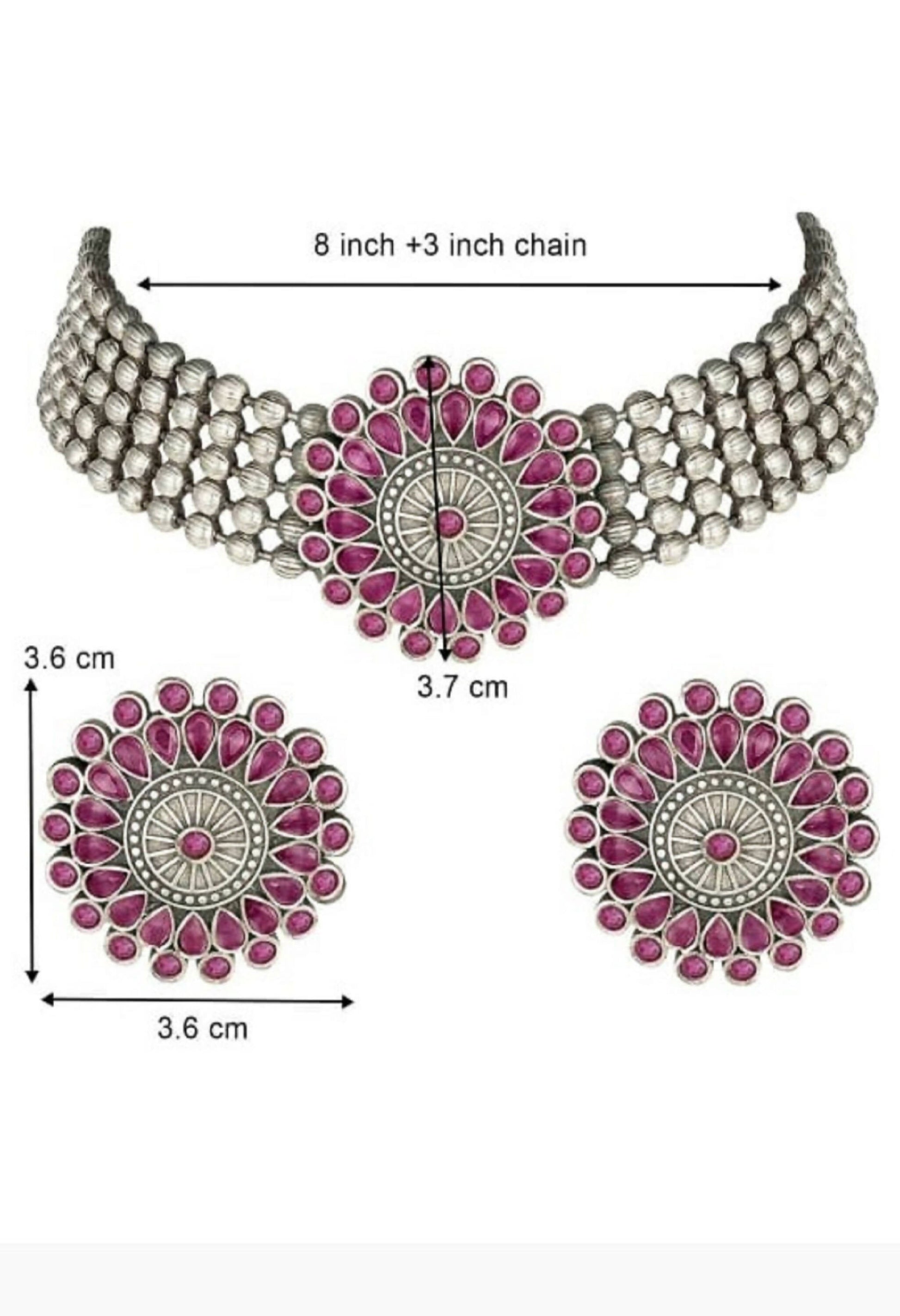 Mominos Fashion Johar Kamal Oxidised Silver-Plated Brass Finish Kundan Choker For Women (Pink) - Grab2buy