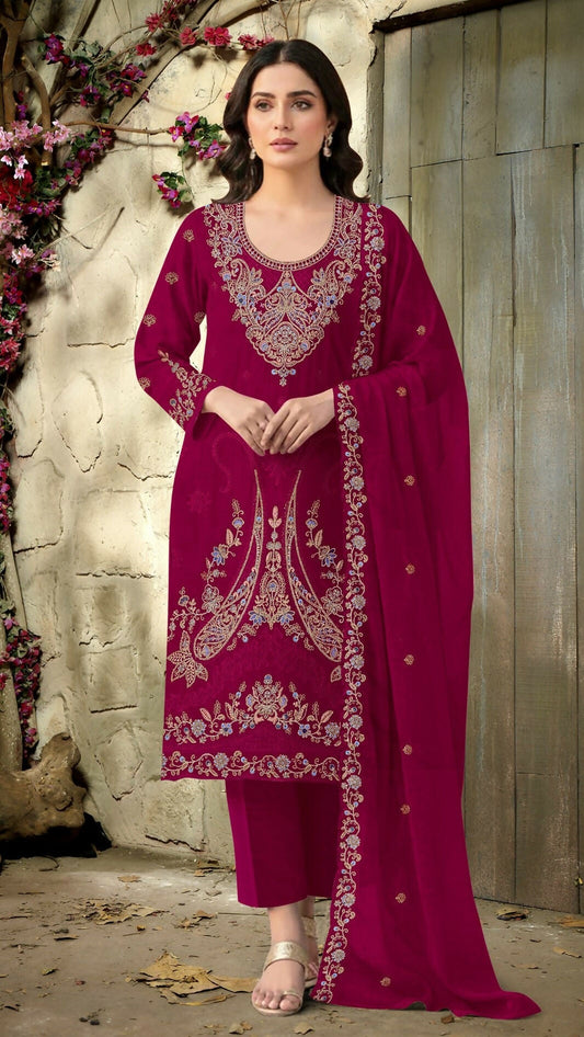 Anaita Red Velvet Suit With Embroidery Codding Work