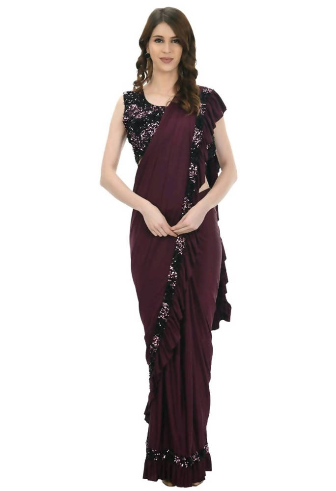 Mominos Fashion All Season Wear Wine And Black Colour Ruffled Ready To Wear Saree
