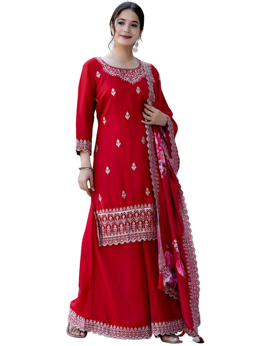 The52 Red Women's Gorgeous Embroidered Vichitra Silk Fabric Straight Kurta, Sharara and Dupatta Set | Grab2Buy