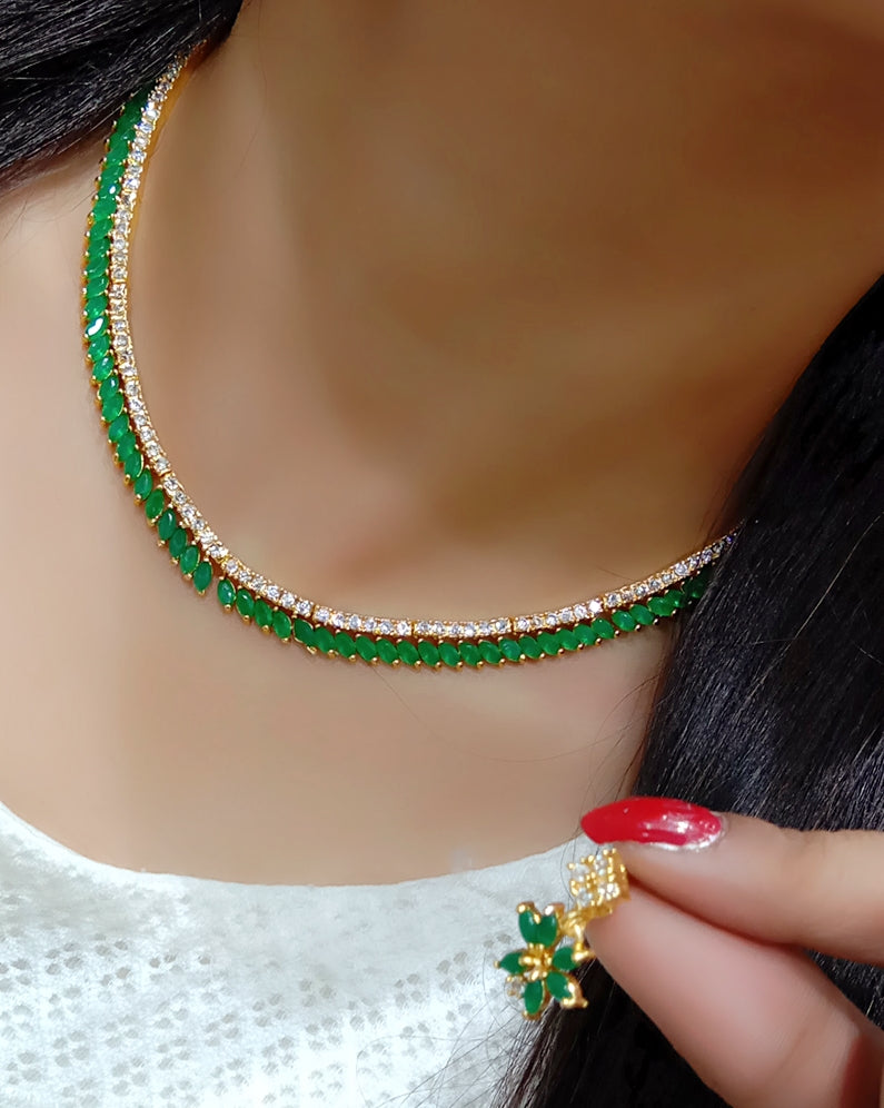 Gold-Plated Alloy American Diamond Green Necklace Set - The Pari - Grab2buy