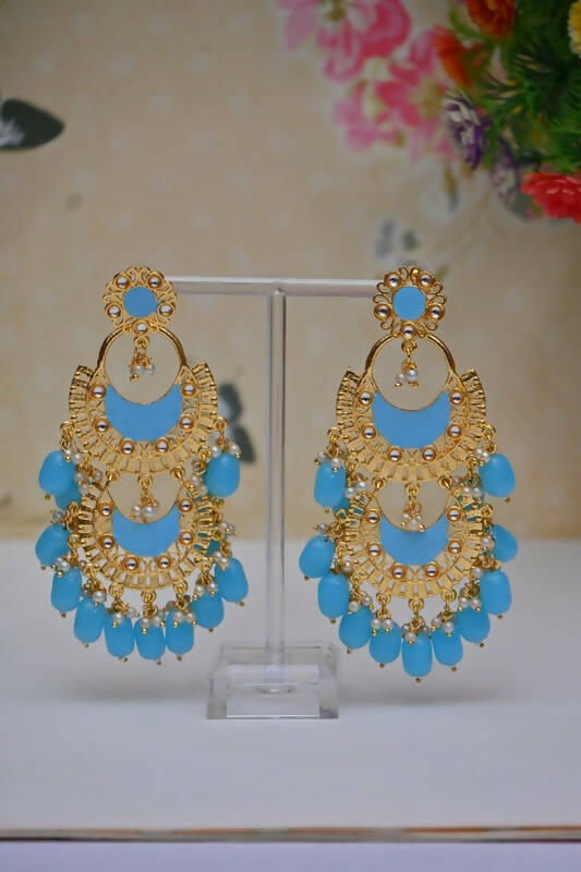 Meenakari Work Gold Plated 2 Layered Beaded Blue Chandbali Earrings with Kundan and Pearl Work By House of Ree - Grab2buy
