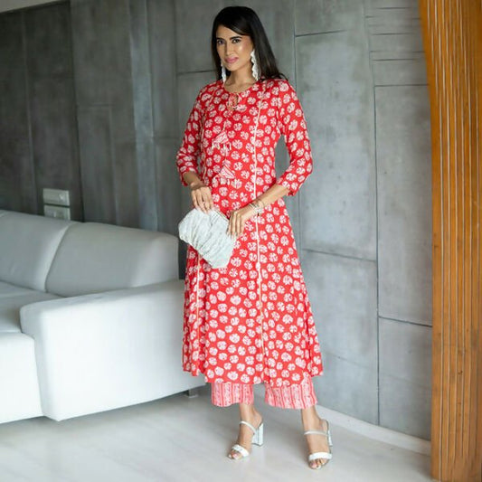 Aayaa Pure Muslin printed Kurti & Pant - Red