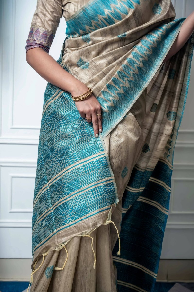 Aastha Fashion Teal Thread Woven Handloom Tussar Silk Saree with Blouse - Grab2buy