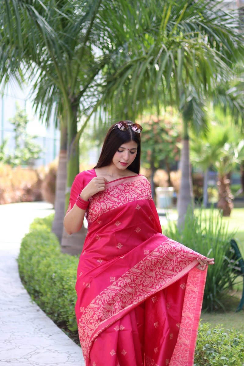 Aastha Fashion Rani Pink Woven Handloom Raw Silk Saree with Blouse - Grab2buy
