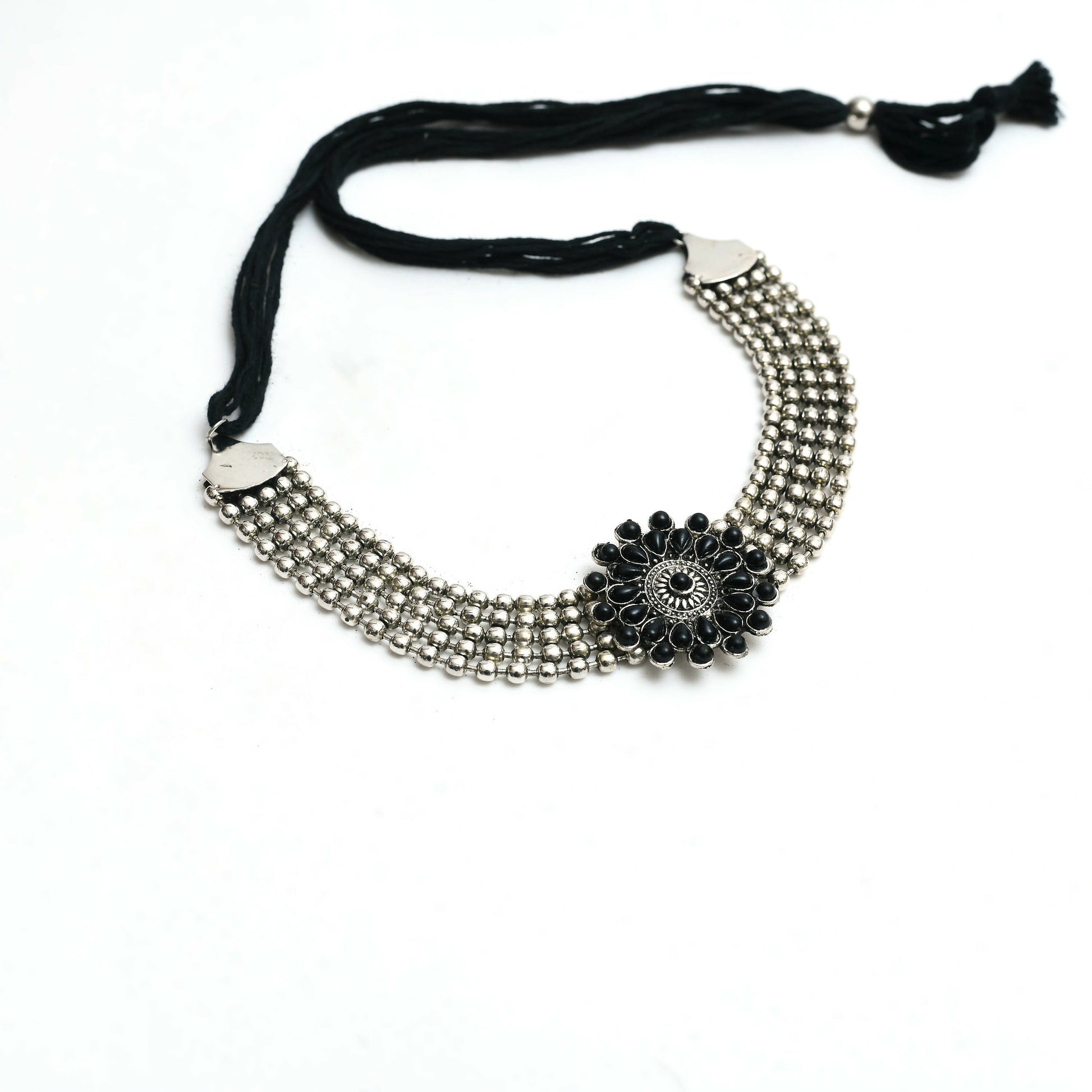 Mominos Fashion Johar Kamal Oxidised Silver-Plated Brass Finish Kundan Choker For Women (Black) - Grab2buy