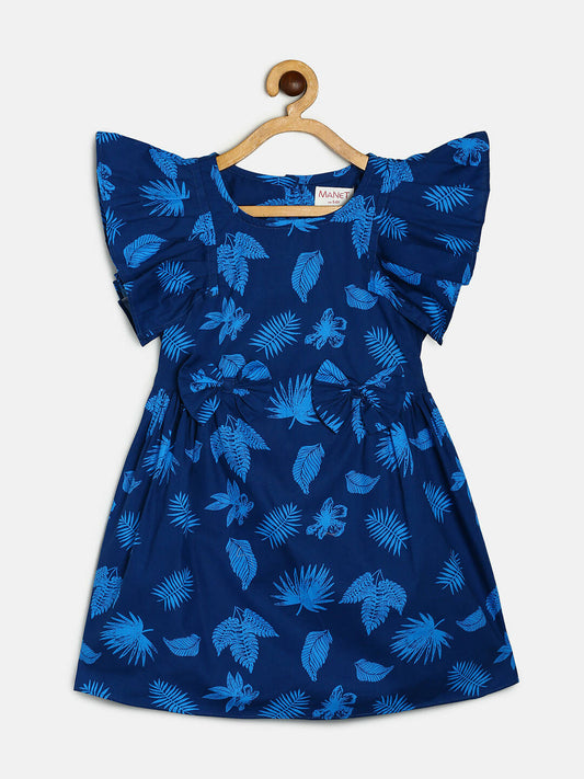 Manet Cotton Frill Bow Frock Leaf Printed - Blue