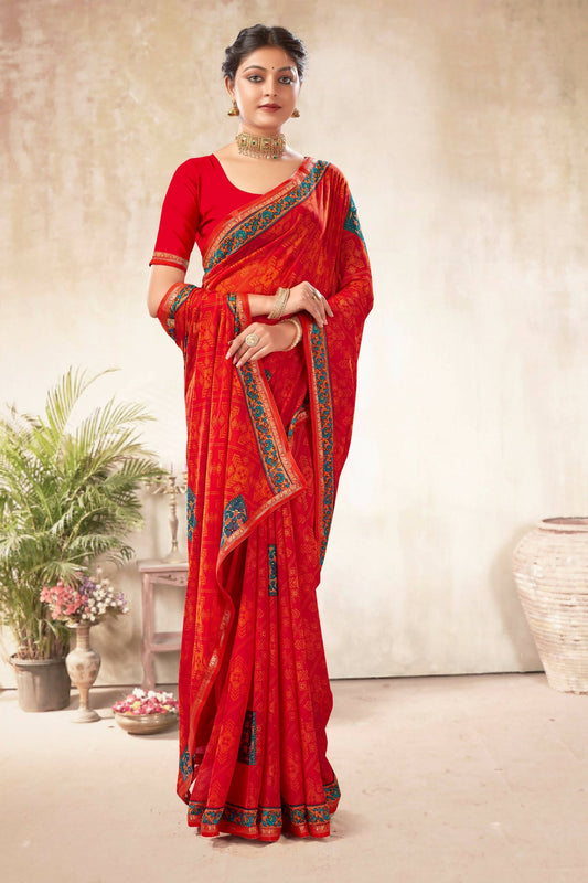 Red Georgette Bandhni Printed Saree With Unstitched Blouse Piece - Shanaya