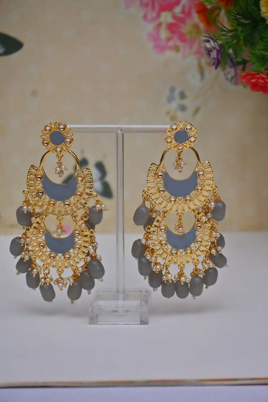 Meenakari Work Gold Plated 2 Layered Beaded Grey Chandbali Earrings with Kundan and Pearl Work By House of Ree - Grab2buy