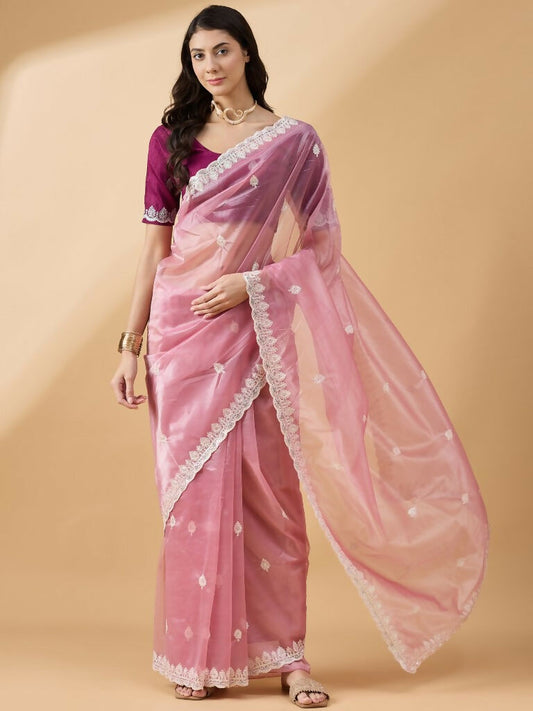 Pink Organza Sequence Embroidered Saree with Unstitched Blouse - Satya