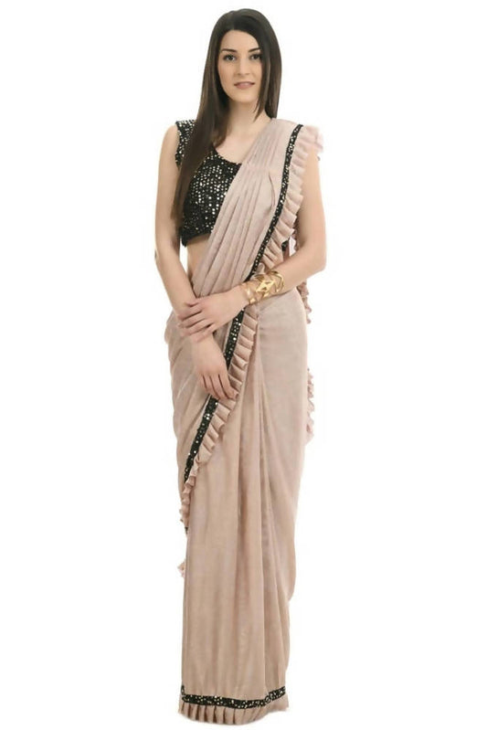 Mominos Fashion All Season Wear Beige And Black Colour Ruffled Ready To Wear Saree - Grab2buy