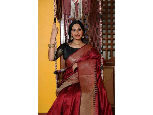 Aastha Fashion Women's Maroon Raw Silk Temple Zari Woven Saree with Blouse - Grab2buy