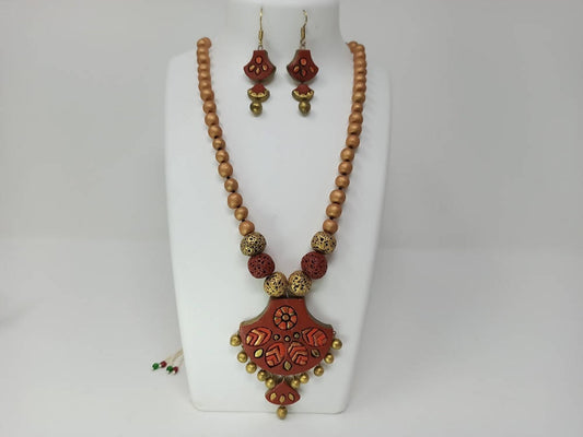 Terracotta Modern Long Necklace Set With Hangings-Indian Red And Gold