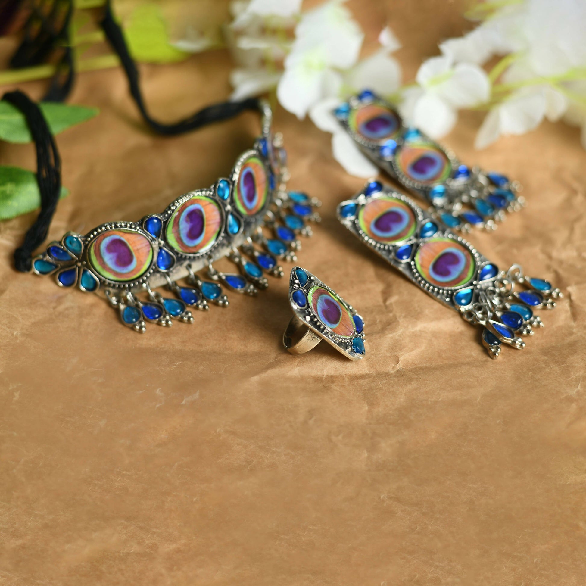 Mominos Fashion Johar Kamal Oxidised Silver-Plated Brass Finish Peacock Wings Choker For Women - Grab2buy