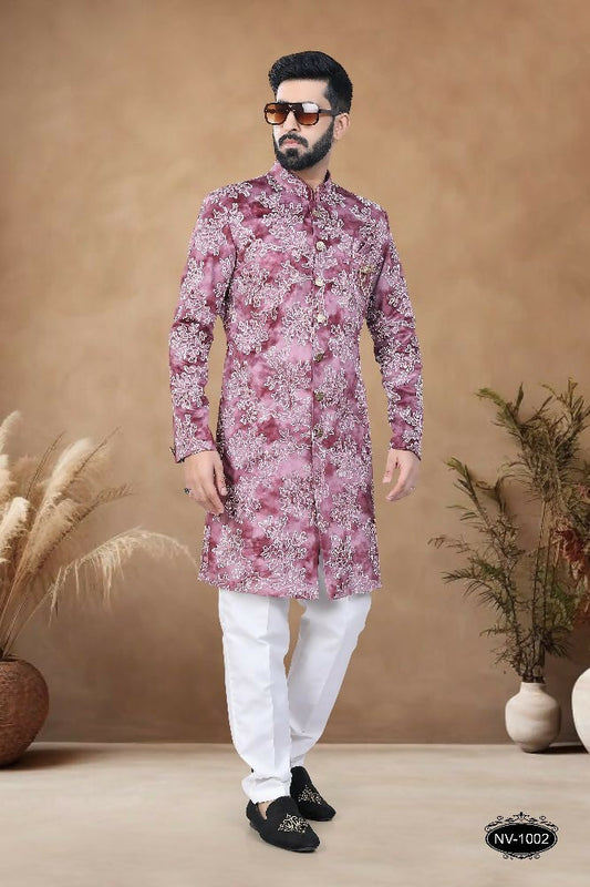 Joban Fashion Men's Pink Straight Swed Velvet Thread & Sequence Embroidery All Over Indo-Western Kurta Set
