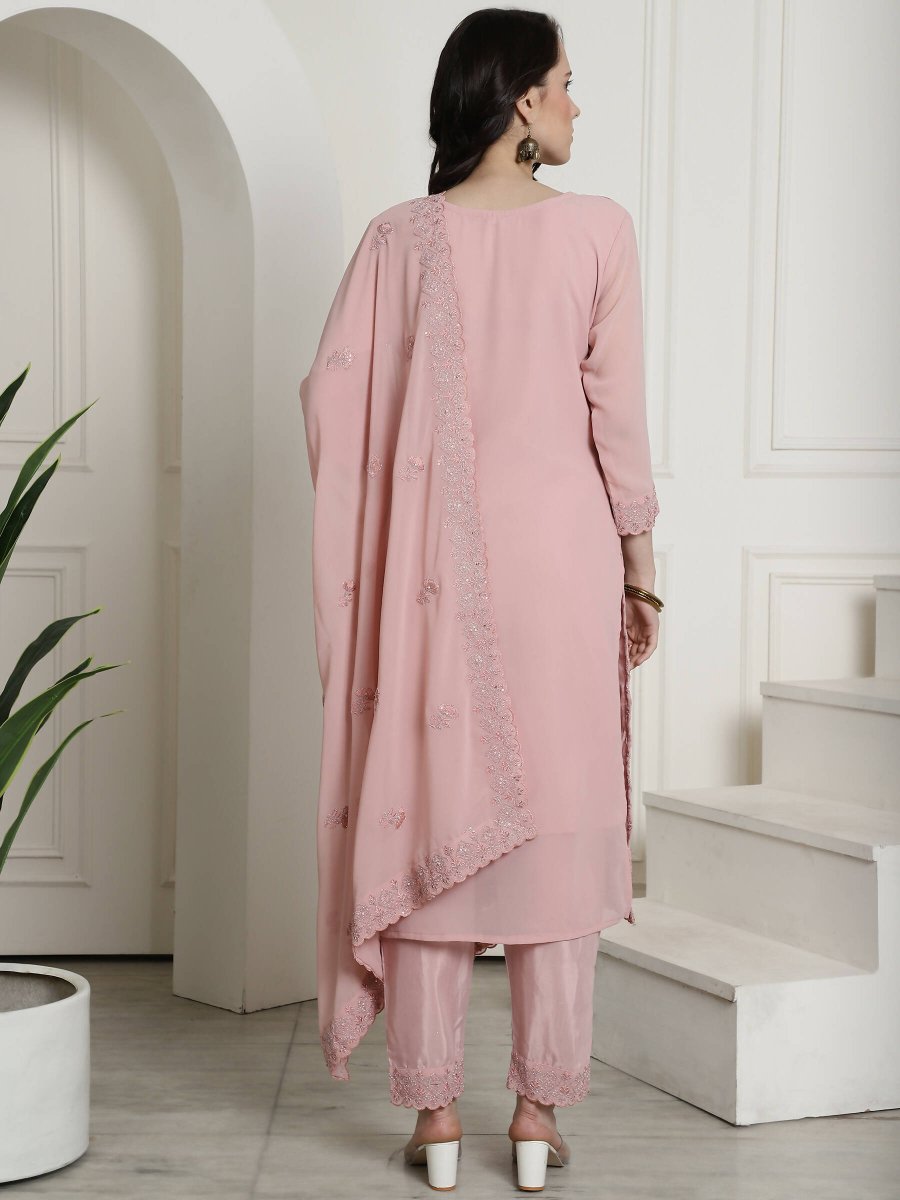 Aastha Fashion Women's Pink Georgette Floral Resham Thread with Cording & Crystal work Kurta with Trouser & Dupatta - Grab2buy