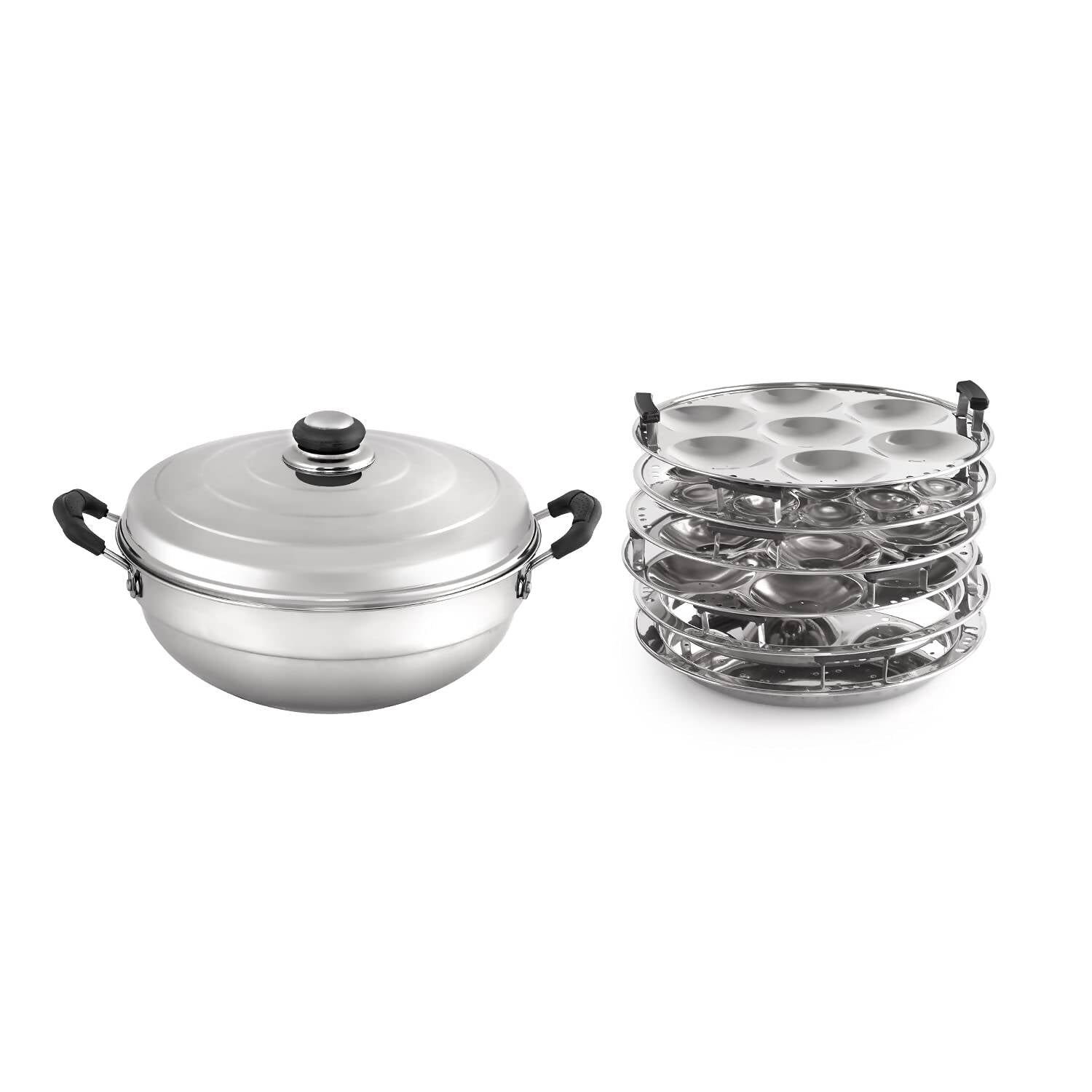 Cello Stainless Steel Induction Base Idli Cooker (Idly Maker) And Multi Kadhai With 6 Plates - Grab2buy