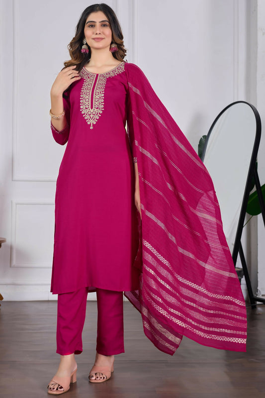 The52 Pink Women's Beautiful Embroidered Rayon Slub Fabric with Straight Kurta, Pant and Dupatta Set | Grab2Buy