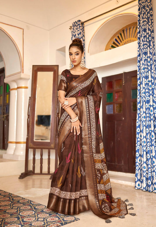 Dark Brown Patta Poly Cotton Floral Printed Saree With Unstitched Blouse Piece - Shades