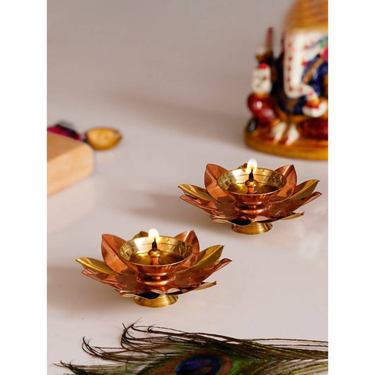 Grab2Buy Brown & Gold-Toned 2 Pcs Floral Shape Metal Diyas