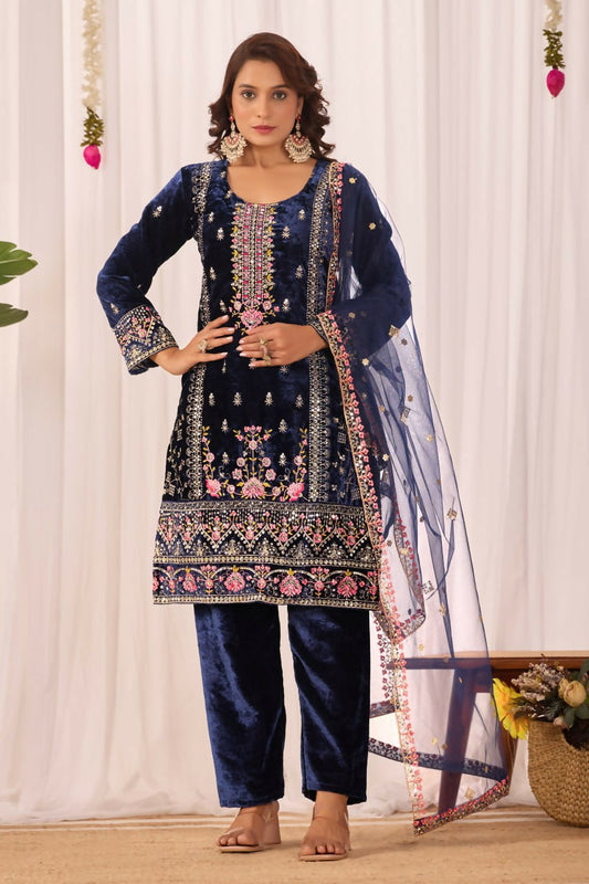 Joban Fashion Blue Velvet Embroidery Sequence Work Readymade Kurta Set