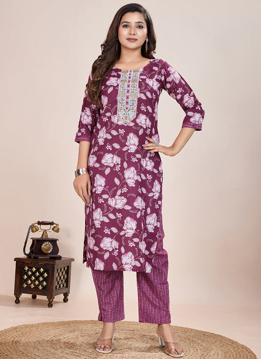 Prazu Fashion Wine Printed Cotton Blend Kurta Pant Set